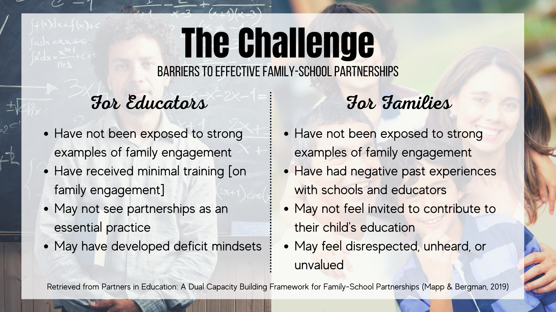 infographic describing the challenge of effective family-school partnerships. text-only link below