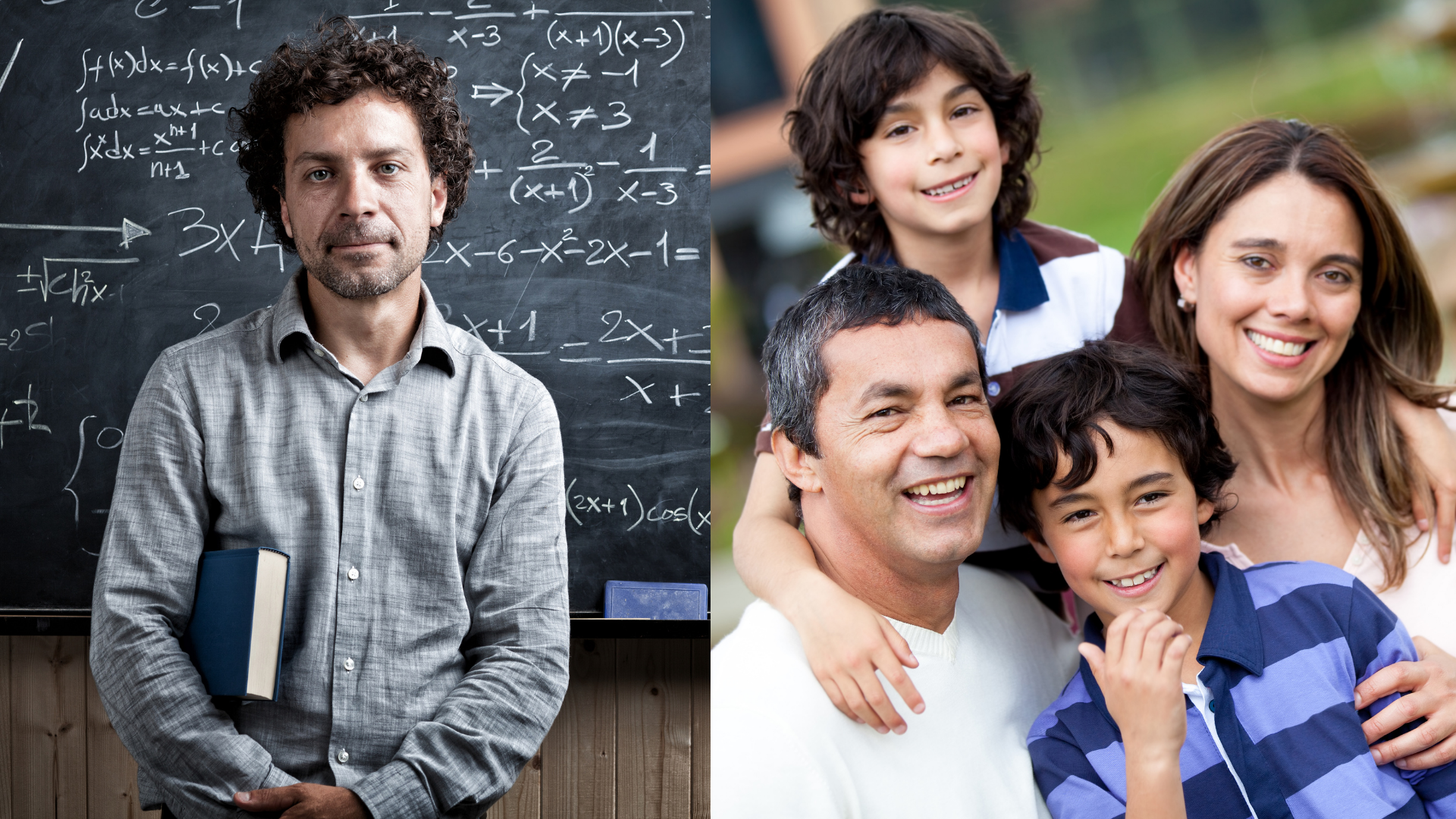 two photos - one of teacher in front of a blackboard and one of a happy family with two children