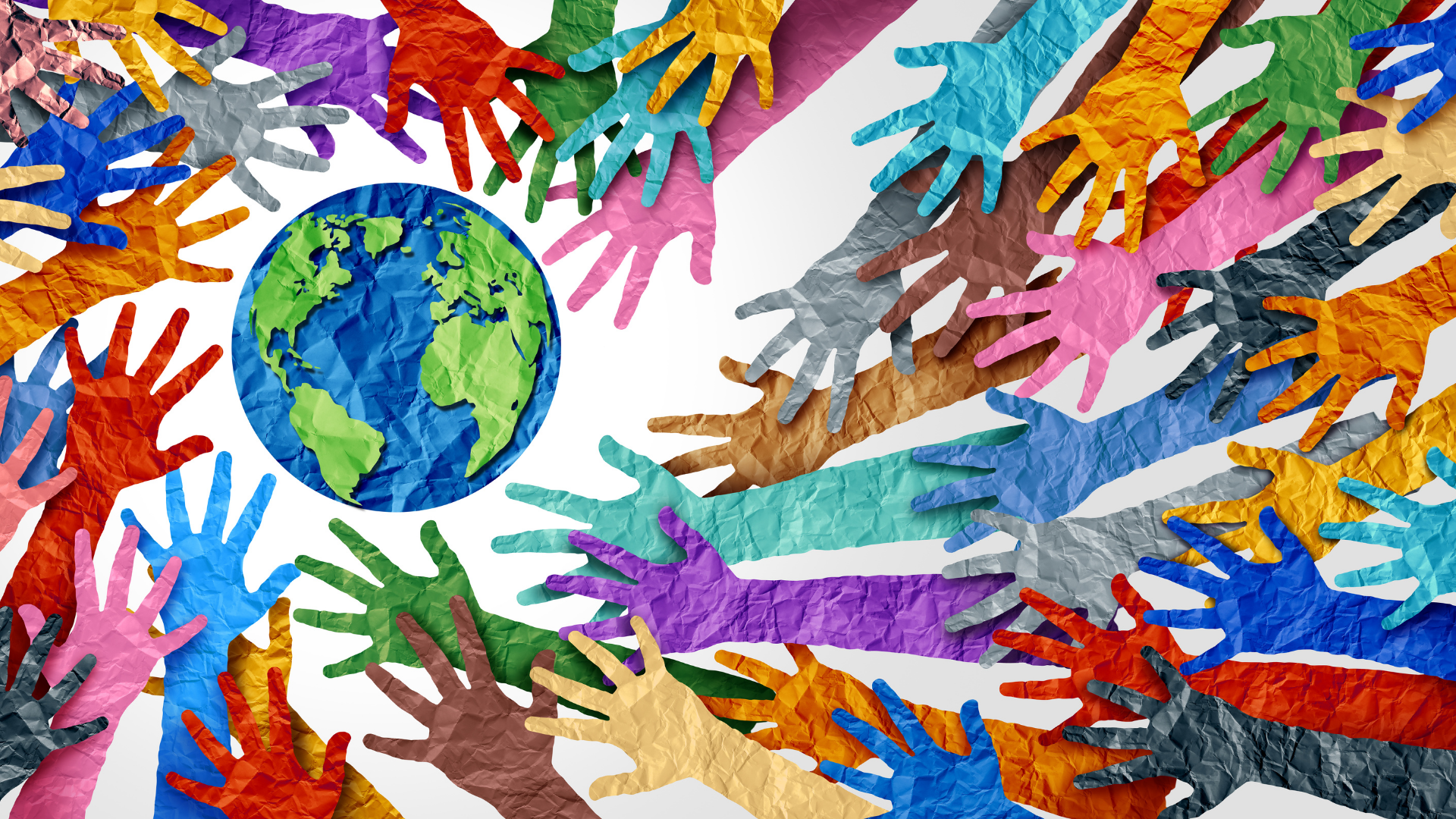 Illustration of colorful hands reaching towards the earth
