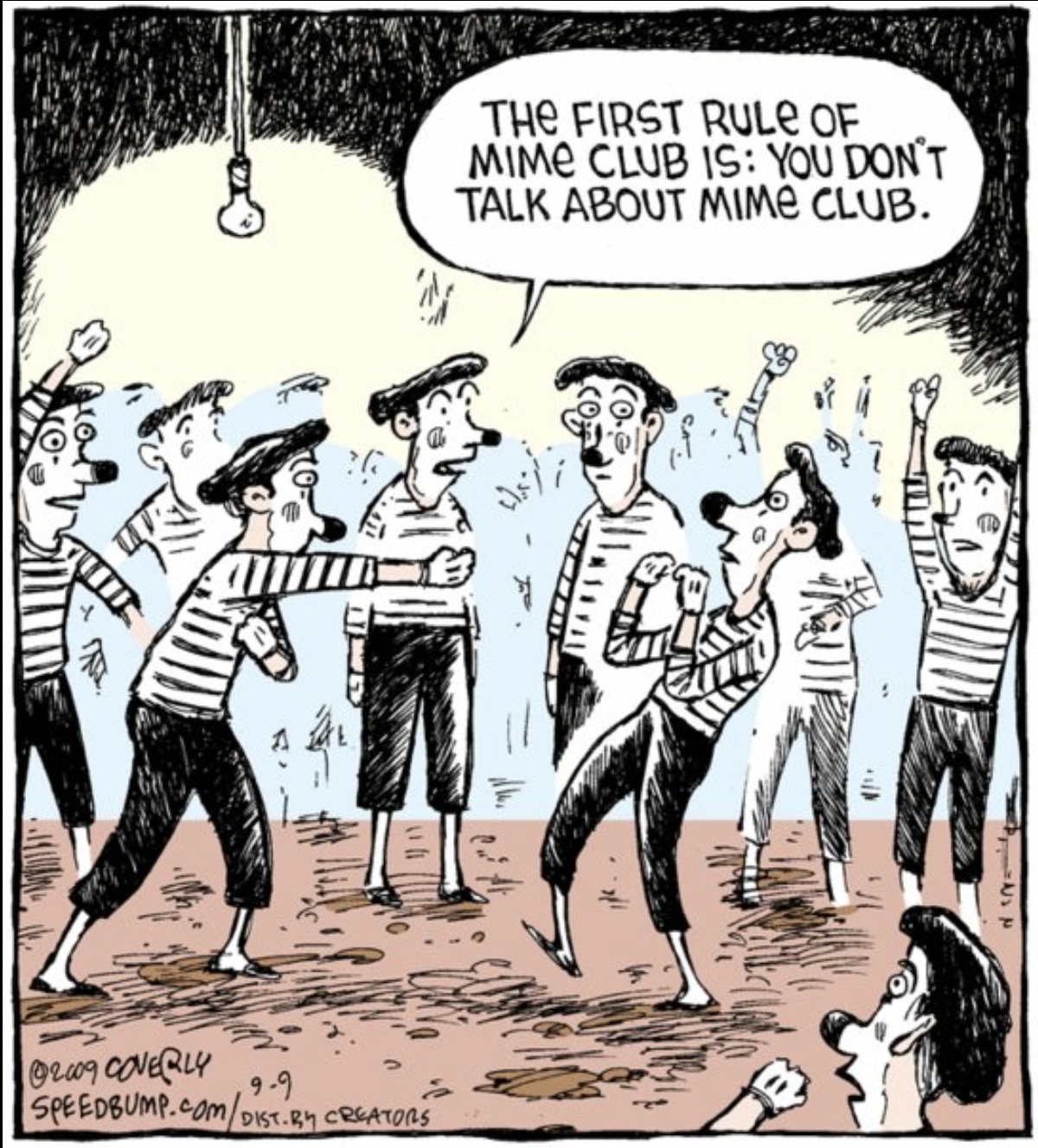 Mimes engage in mock fighting with caption the first rule of mime club is: you don't talk about mime club.